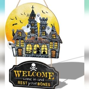Halloween Wood Hanging Haunted House Welcome Sign Plaque Decor 11.8x17.5 inc New